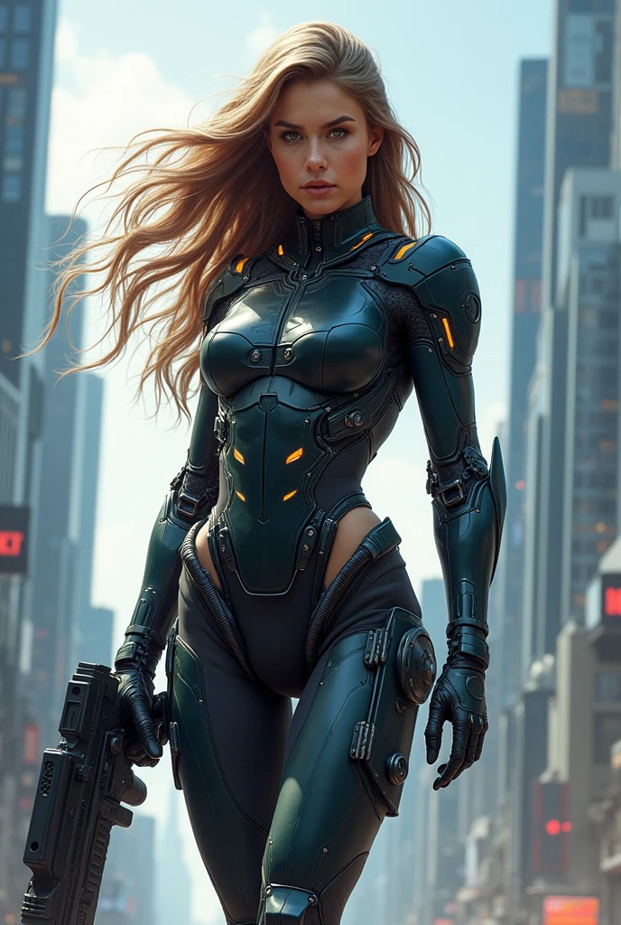 8k,realistic skin texture、superrealism、realistic photo、beautiful girl, 25 year old caucasian girl, origin of northern europe, detailed face, attention detail of the face, pink full lips, long curly blonde hair that falls in ringlets over her abundant chest, big chest, narrow waist, proportionate ass , fit, fitness, powerful thighs, A futuristic cybernetic soldier stands among the rubble.Damaged heavy plate camouflage green metal armor inspired by Iron Man's MarkVII model、Skull mark painted on armor with numbering 21 tattooed on armor.blue LEDs adorn the combat armor、Heavy combat armor, dirty, Unit paint and identification number.、peeling paint、oil stains、energy rifle、Fighting spirit、Detailed description、dynamic pose、challenging, armadura muy dirty ,From the front, foreshortened, looking at the viewer, angry look