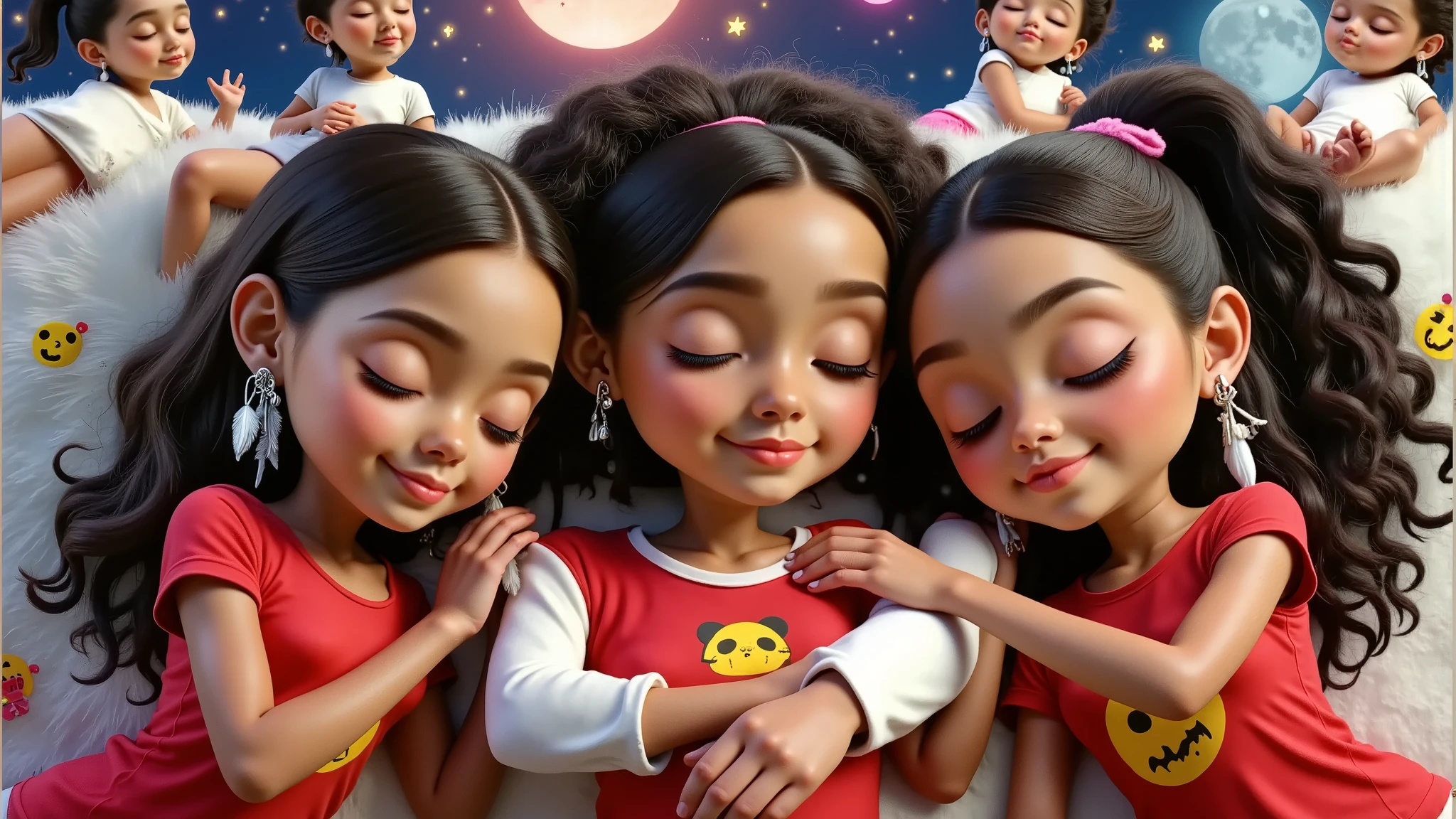 A 3D rendering of three Disney Pixar style fuul body girls sleeping in Christmas-themed pajamas. The pajamas are red with yellow emojis. The boy is in the center, between two girls who are using his chest as a pillow, the boy. The boy has very light brown, curly hair and tanned skin. On the left side we have a girl with straight black hair down to her waist and wearing a colorful feather earring, she is Brazilian Indian. The second girl has long black curly hair tied into two ponytails. everybody use white sox, The boy and girls are beautiful, sensual and seductive, they are definitely all sleeping peacefully, with their eyes closed and lying on a beautiful white carpet with a slight smile and leaning against each other. The background contains a bright star, a full moon and a sky full of stars. Babies are lying on white clouds. The image is high resolution and high quality. One of the girls caresses his male reproductive organ, which soon becomes rigid, attracting the attention of the other girl, who has her mouth very close to the area below the boy's navel.