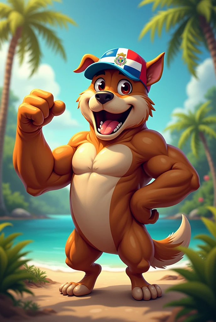A muscular animal male chipmunk, with a delighted expression, sticks out his tongue in a playful cartoon pose against a picturesque landscape. His chiseled physique and expressive, detailed features add to the intricate and high-detailed masterpiece. The setting is a serene, bright day, with vibrant foliage and a clear blue sky above. This high-quality, 100% digital artwork is a trending piece, with an artist's signature below - "by ChipmunkMaster, ArtStation."
