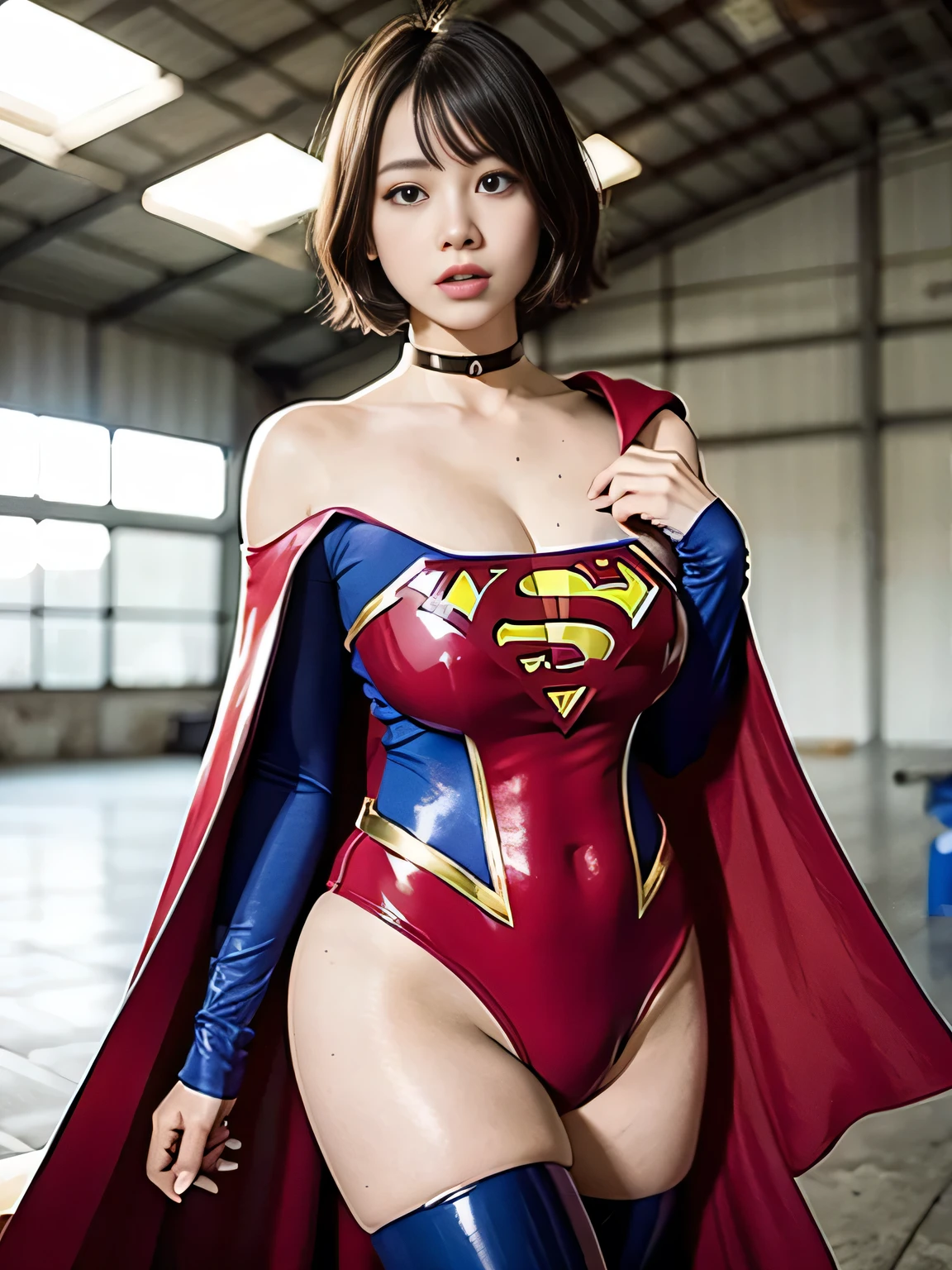 masterpiece、Enamel Supergirl Costume、short hair、Patent leather long boots、Big and ample breasts、shiny sweaty skin、looking at the camera、choker、Long sleeve、Sexy poses to seduce、Off the shoulder、latex、from right in front、athlete、Racing Bloomers、Red Cape、Muscle training、Pilates、Pamphlet、