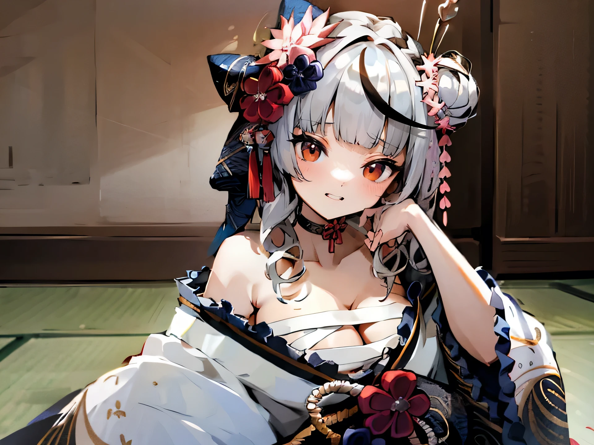 score_9_up,score_8_up,score_7_up,masterpiece,best quality,highres,absurdres,ultra-detailed,illustration,1girl,large breasts,looking at viewer,indoors,naughty face,doyagao,smile,sakamata chloe \(new year\),streaked hair,grey hair,braid,single hair bun,tassel hair ornament,hair flower,hair bow,blunt bangs,red eyes,black choker,print kimono,white kimono,frilled sleeves,wide sleeves,off shoulder,bandages,chest sarashi,budget sarashi,skindentation,cleavage,