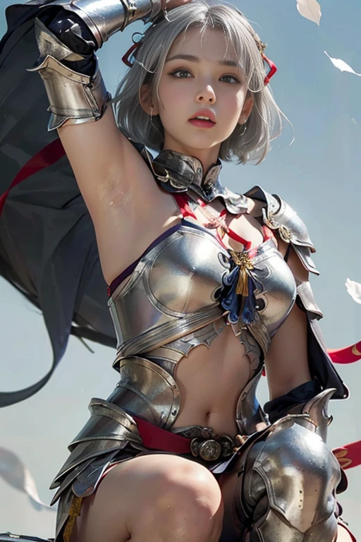 (( photoshoot)),(( highest resolution)),(( best quality,8k)), ((masterpiece)), ( Details), Photographically,  High Definition , Valkyrie,  Detailsな美しい顔,(Beautiful contrasting eyes),(( Perfect Anatomy)),( knee up :1.2), closes her mouth,( silver hair short hair:1.8), hair ornament,(( richly decorated armor with ribbons :1.5)),Race cape with countless ribbons ,clavicle,navel,Thighs, waist,( and show your armpits:1.5),lace cape with ribbon fluttering in the wind,(((Look up at the subject from below)))( shot from the front:1.6),Countless petals fluttering,