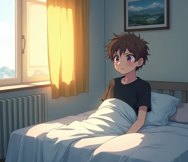 A 12-year-old furry boy，cute，on the bed，Sitting,Wearing a T-shirt and a short skirt，night,False small breast，😍