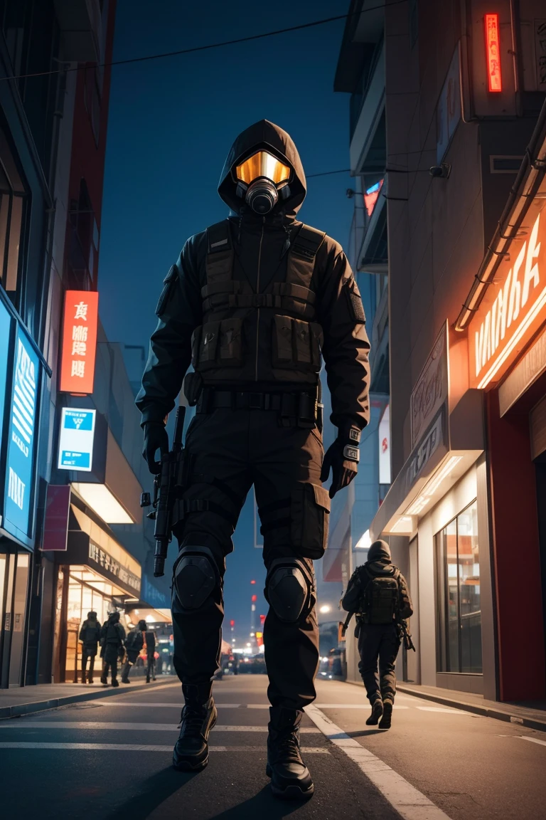 cyberpunk anime style, Hacker, cybernetic augmentations,  uniform and tactical military and ninja equipment, hood, Gas mask, holding assault rifle, Walking in a cyberpunk city at night 