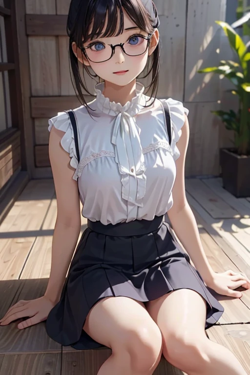 (( best quality)), ((傑 best quality、masterpiece、High sensitivity、 high definition 、 Details、 Delicate Facial Description)), Slender woman、Glasses、 Mini Skirt、Holding my knees、 sits on the floor、