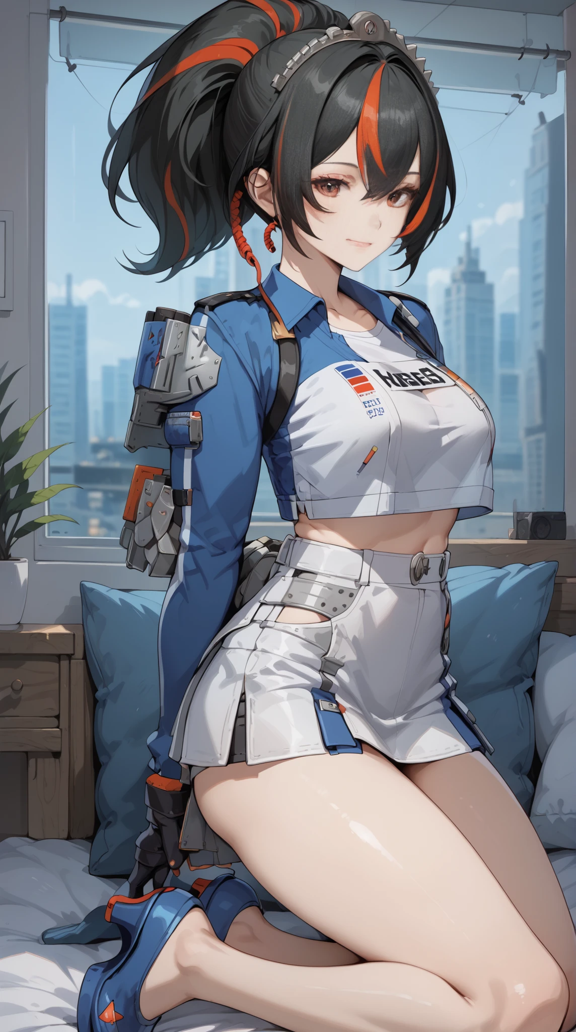 Masterpiece, extremely detailed, high quality,4k,solo,1girl,fullbody,((tall and slim body)),zhuyuan,medium breasts, long legs,ponytail streaked hair,beauty eyes,((smile)),arms behind back,looking at viewers,((white croptop tshirt)),((SHORT SKIRT)),high heels,front look, ((facing foward )) ,bed room , sleepig pose on bed