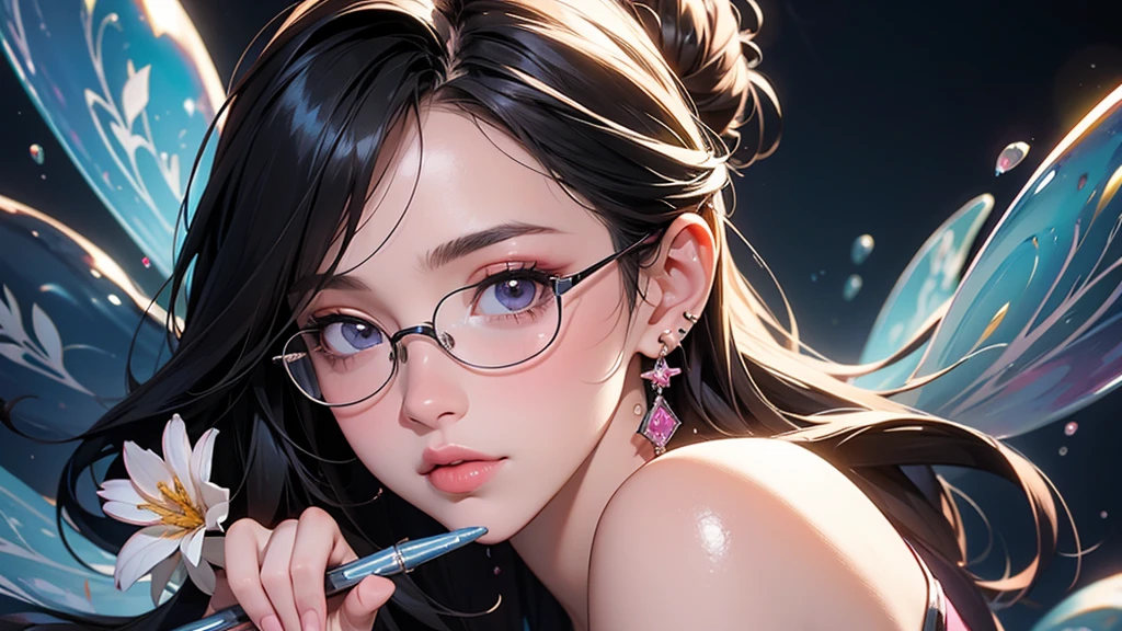 32K, 最高quality, 最高masterpiece, (ultra- detailed background, detailed background), high definition , super detailed, very detailedな, 1 personの, (bouquet:1.3), (Tangled:1.2), (Geometric:1.2),( colorful ),(masterpiece, quality, best quality, Official Art, beautiful and beautiful :1.2), (1 person:1.3), very detailed,( colorful :1.1)(Flowers:1.3), most detailed,(Tangled:1.2), whole body, ( abstract background :1.3), (Radiant skin), (Many colors:1.4), ,(earring jelly:1.5), glossy skin, Glowing Face, glittering office wallpaper, Light Gradient, contrast , imaginary, Career Woman , Slanted bangs , spiral, inner color, formal bun hair, Cute expression, Seductive lips, big eyes, Moist eyes, Glasses, Emma Watson, Holding a pen,