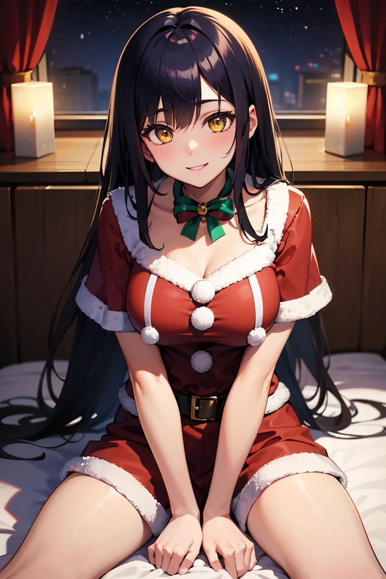 ultra-quality, ultla highres, Hyper Detailed, High contrast, Ultrafine Strike, creative refinement,A dark-haired,ssmile,Santa Claus Costume,Show cleavage,livingroom,5 fingers