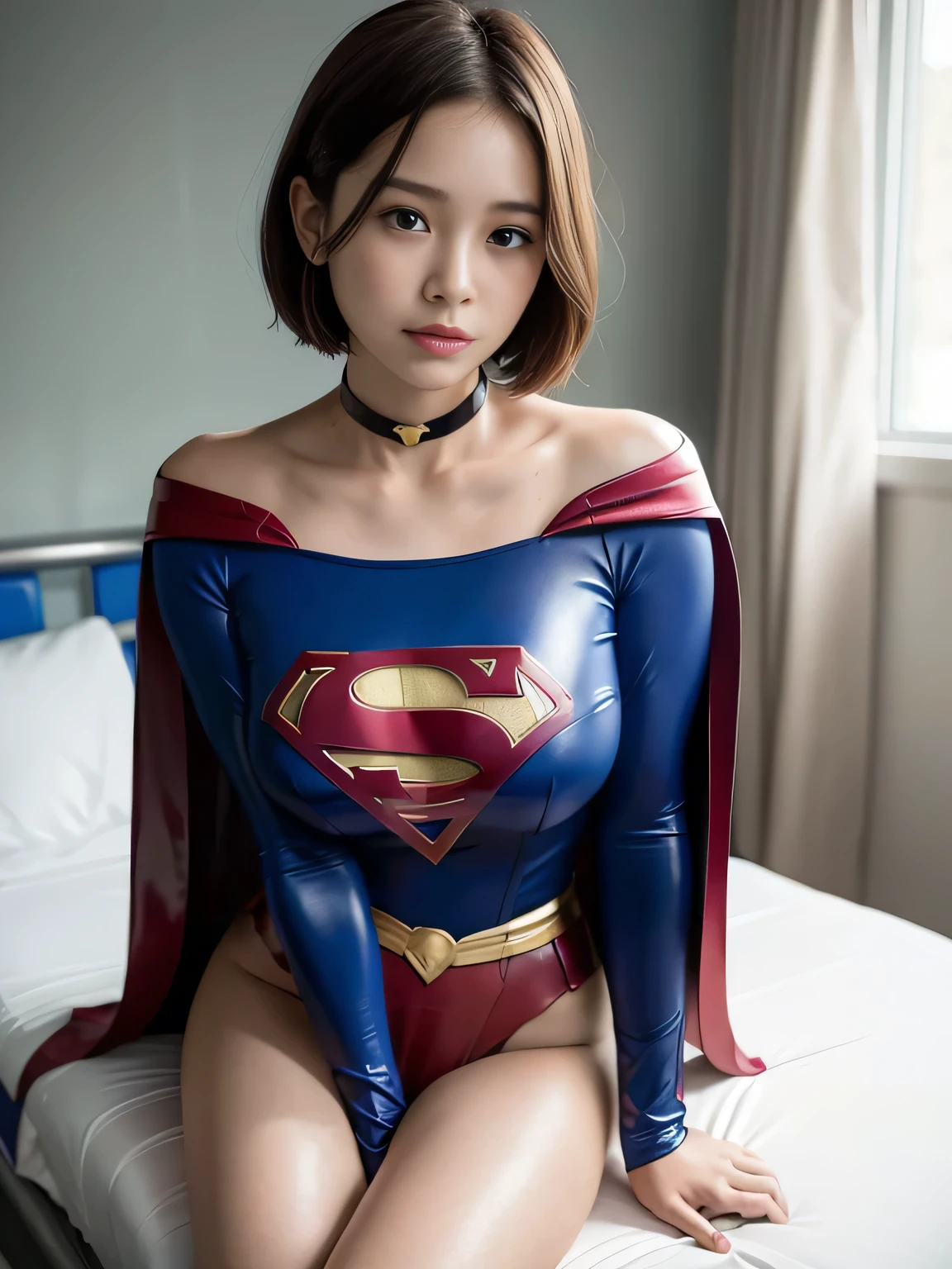 masterpiece、Supergirl costumes、short hair、barefoot、big and full breasts、Research room、operating table、straddle、Tattered、shiny、look at the camera、Seduce、choker、long sleeve、red mini skirt、Cowgirl