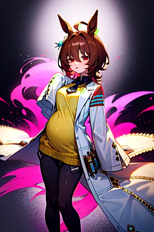  Agnes Tachyon 、Horse Girl、One person、 girl、Horse ears、Horse tail、 earring on one side 、Red eyes、I have lines in my eyes 、 shorthair、 brown hair 、Jacket、（White coat:1.2)、(bigger sleeve than wrist :1.1)、 yellow big sweater、 ties、 black pantyhose 、pregnant women、Stray hair、best qualty,