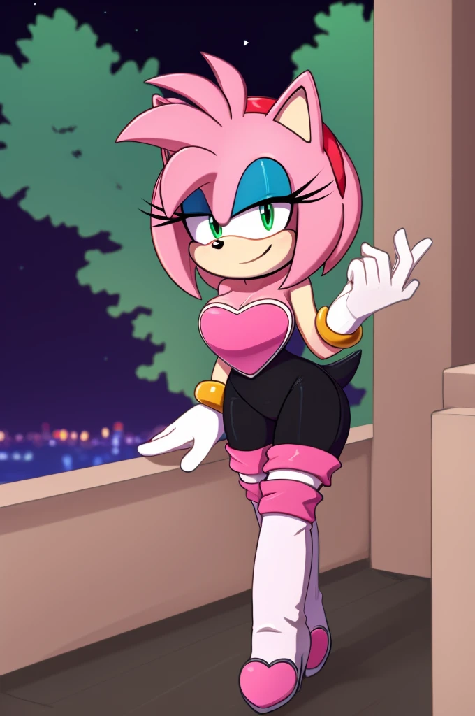 "(((masterpiece))),4k resolution,extremely delicate and beautiful,dynamic angle and pose,(1girl), animal nose,. Amy rose,withe sport bra, white panties, sfw, (( thin )), 12 years old girl, (( thin legs )), golden brasalet both arms, alone, looking at viewer, night, city background, on building roof, little breast