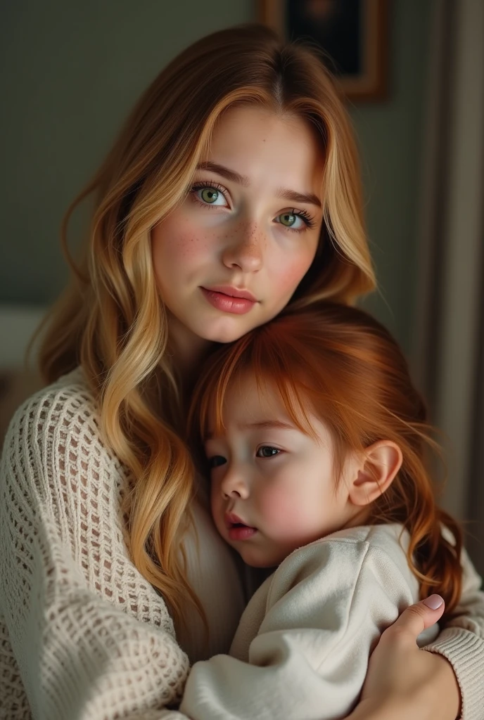 Redhead girl from Slytherin Howards house with a baby in her arms