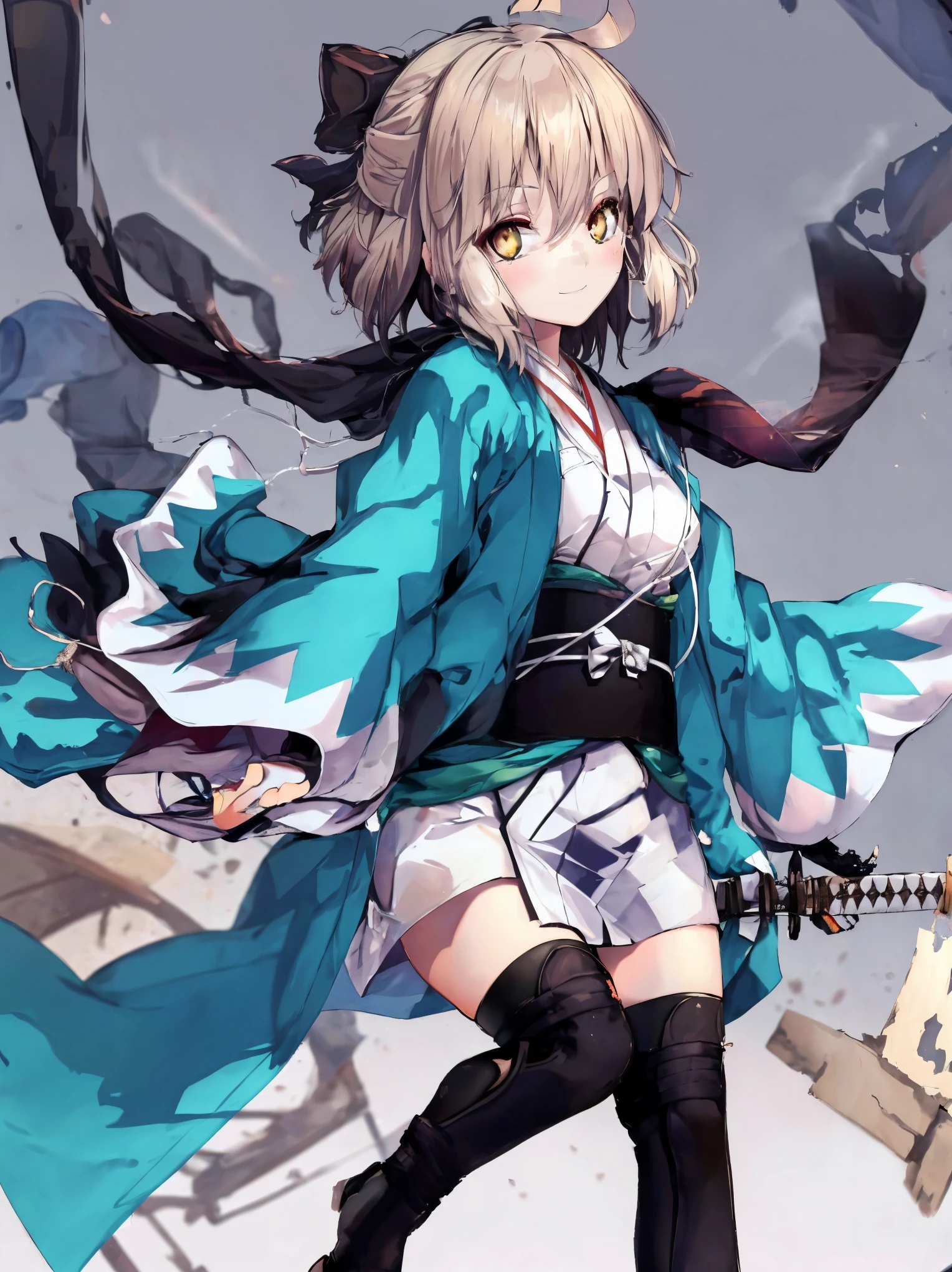 masterpiece, best quality, integrated scenery, integrated background, extremely delicate and beautiful, meticulous details, good composition, , cute face, perfect face, perfect hands, , best quality,extremely detailed CG unity 8k wallpaper,
1girl,okita souji \(fate\), white_nosleeves_short_kimono,
 smile,dynamic_posing,happy,gold_half_eyes, thigh-highs,medium_breasts. 1katana,prepare_katana, katana_sheath_without_katana,night_old_japanese_town_landscape_background,black_long_muffler,katana_blade_in_front_of_girl,
