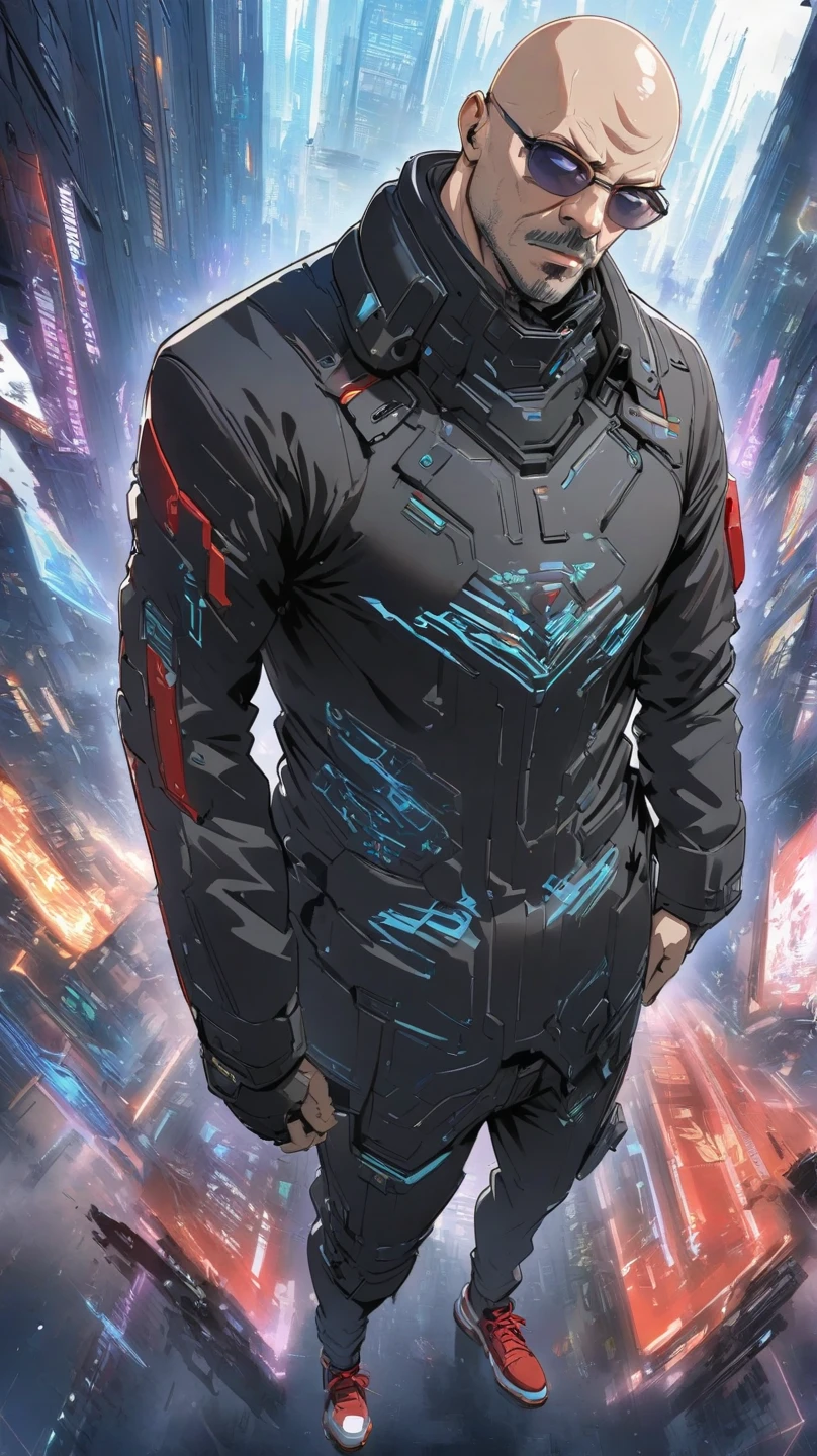  Anime, bald man,  dressed in cyberpunk style jacket com o nome “Grise” escrito, black pants , red sneakers ,tavo de baisebol nas costas, full body ,  movie perspective .