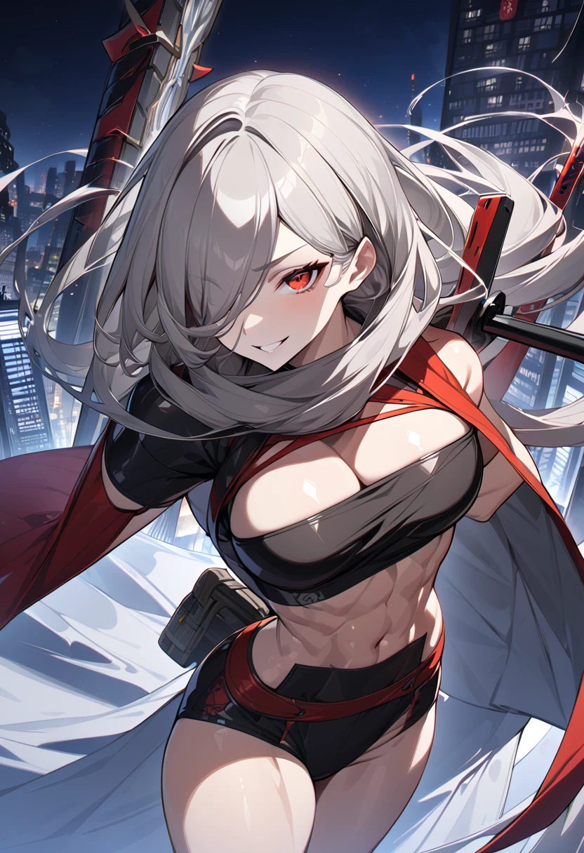 Best Quality, 8k, High resolution, high quality, masterpiece, Beautiful, (Anatomically correct:1.2), A beautiful woman, 20th Generation, Silky gray hair, Straight Long, long bangs that hide one eye, Red eyes, Beautiful Skin, Tall and toned body, pointy big breasts,ninja, Scarf, Carrying a sword on your back, valley, night, skyscraper, evil grin, (face focus),