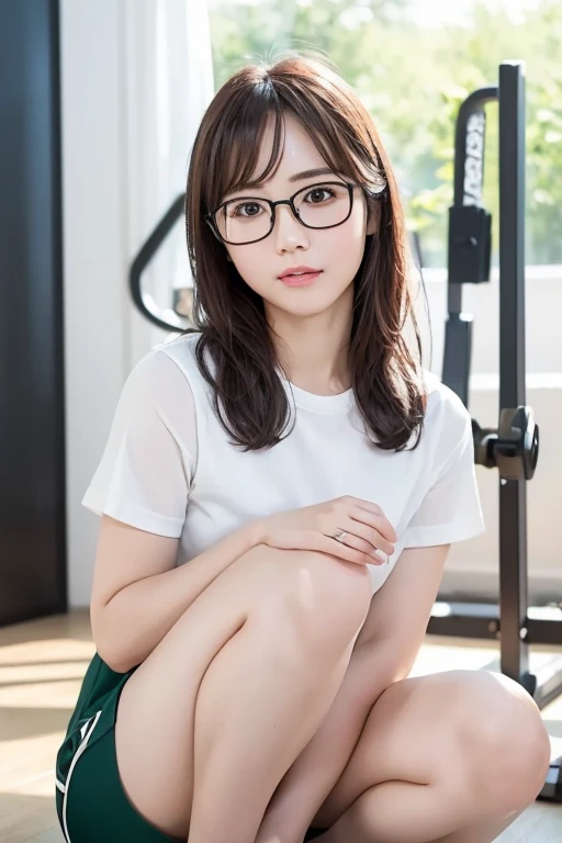 (( best quality)), ((傑 best quality、masterpiece、High sensitivity、 high definition 、 Details、 Delicate Facial Description)), Slender woman、Glasses、 Mini Skirt、Holding my knees、 gym sitting 、