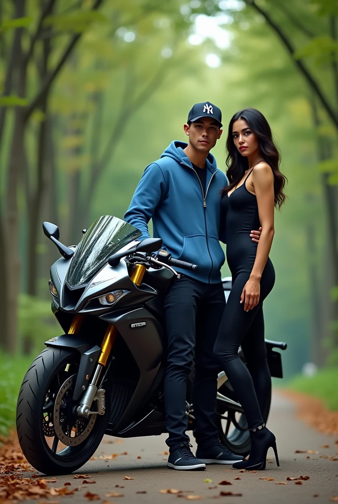 handsome man and 1 beautiful busty woman both siting and riding on motorbike in white wet dress helmet,speed,heavy rain