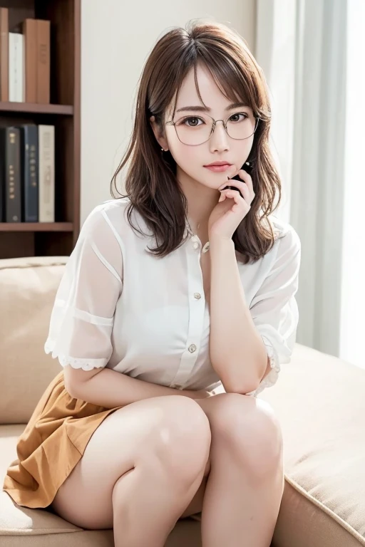 (( best quality)), ((傑 best quality、masterpiece、High sensitivity、 high definition 、 Details、 Delicate Facial Description)), Slender woman、Glasses、 Mini Skirt、Holding my knees、sit、