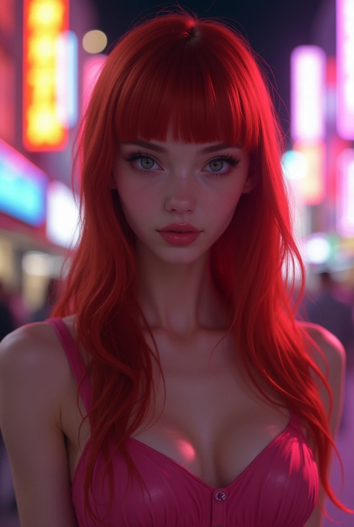 (best quality,4k,8k,highres,masterpiece:1.2), ultra-detailed, (realistic,photorealistic,photo-realistic:1.37), portraits, devil red eyes, gorgeous woman, cyberpunk background, futuristic, neon lights, smoky atmosphere, reflective surfaces, glowing tattoos, metallic elements, extravagant hairstyle, provocative fashion, seductive gaze, vibrant colors, dynamic pose, cityscape, urban chaos, technologically advanced, augmented reality, holographic projections, dystopian ambiance, skyscrapers, flying vehicles, rain-soaked streets, dark alleyways, bustling crowds, energetic and vibrant, mysterious aura, topless, pink puffy nipples, naked chest, gigantic tits, naked tits, neon red hair, full body view, arms up, full figure
