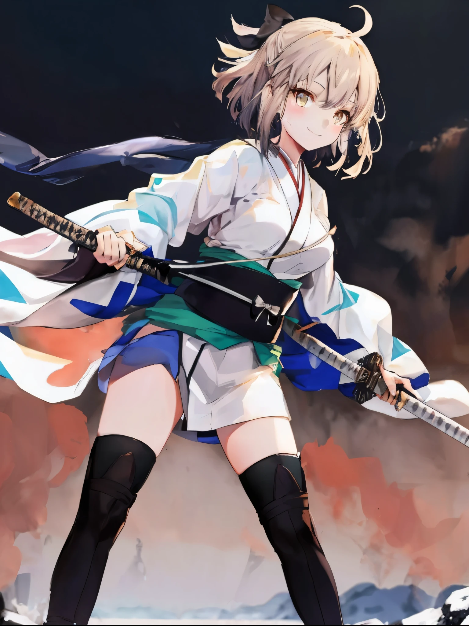masterpiece, best quality, integrated scenery, integrated background, extremely delicate and beautiful, meticulous details, good composition, , cute face, perfect face, perfect hands, 1girl,okita souji \(FGO\), white_nosleeves_short_kimono,
smile,dynamic_posing,happy,gold_half_eyes, thigh-highs,medium_breasts. 1katana,prepare_katana, katana_sheath_without_katana,old_japanese_town_landscape_background,black_long_muffler,katana_blade_in_front_of_girl,