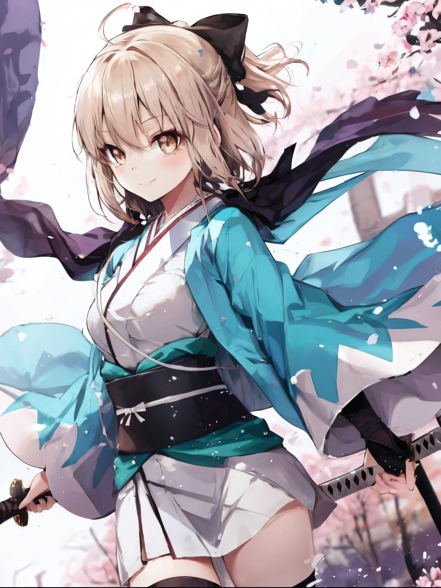 masterpiece, best quality, integrated scenery, integrated background, extremely delicate and beautiful, meticulous details, good composition, , cute face, perfect face, perfect hands, 1girl,okita souji \(FGO\), white_nosleeves_short_kimono,
smile,dynamic_posing,happy,gold_half_eyes, thigh-highs,medium_breasts. 1katana,prepare_katana, katana_sheath_without_katana,old_japanese_town_landscape_background,black_long_muffler,katana_blade_in_front_of_girl,