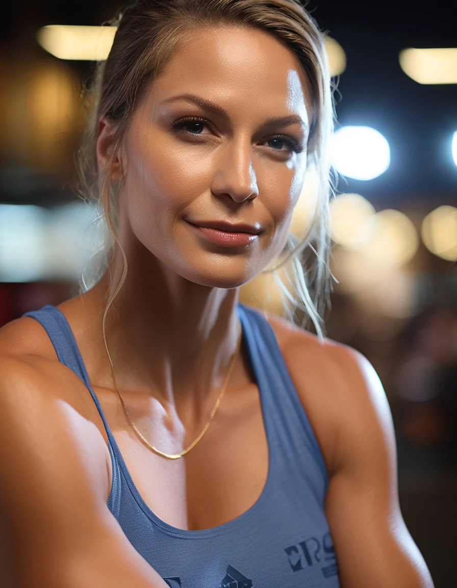 cinematic photo close-up portrait photography of a beautiful (((mlssbnstkara bodybuilder woman))) at tourist information center , during Night , Nikon Z9  . 35mm photograph, film, bokeh, professional, 4k, highly detailed