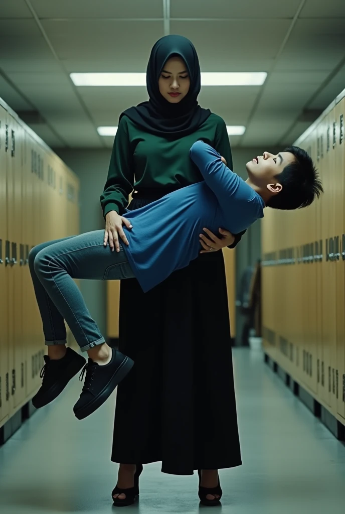 Make a photo of muslim girl who's forcing a boy for love 
And the boy is younger than the girl and both are in school 
Make it in a sarcastic way