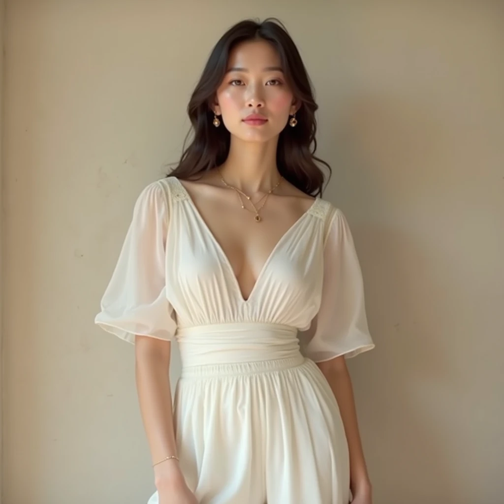 Age,27, singaporean chinese, background is bedroom. And v-neck dress
