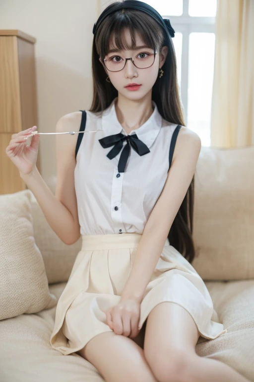 (( best quality)), ((傑 best quality、masterpiece、High sensitivity、 high definition 、 Details、 Delicate Facial Description)), Slender woman、Glasses、 Mini Skirt、Holding my knees、sit、