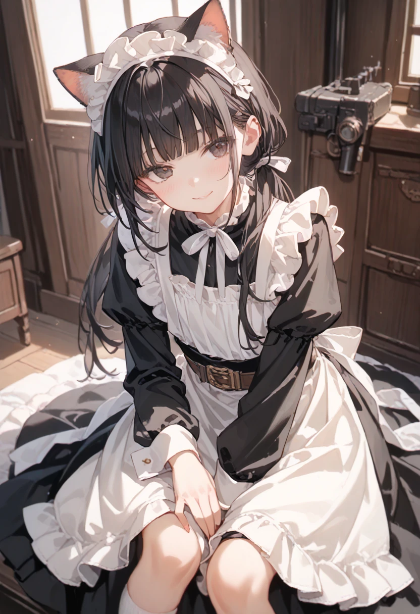 score_9, score_8_up, score_7_up, source_anime, high res image, masterpiece, best quality, 1girl, solo, ****, flat chest, coquettish skin, skinny, ivory black eyes,black hair,low twintails, blunt bangs, smilng, cat ear, black long sleeve maid outfit, steampunk gun belt hanging from shoulder, (White knee-high socks:1.2),hagging a black cat, cowboy shot, close-up face,