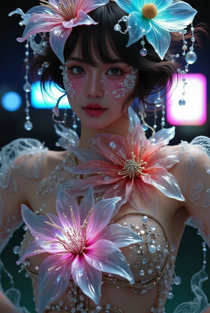 (masterpiece,  Best quality), 8K,((( Very detailed ))), Race:1.8,Super intricate Race pattern, colorful Race pattern, Stained glass background transparent, Mandala,Light Up,Cold, 1 female, open back , 1、 Japanese, Li Zai{{x}} , tumbler, Sexy body with a sexy belly, , picture々Sensual elegance, Sexy body,  sexy look ,   very short hair  、Shooting with the city&#39; Night view group photo  、 Intelligent Face、 Small waistline、Big breasts、Drooling、Smile、EOS 50ｍｍ f2,  blurry background 、 from the front、Face lighting、whole body、