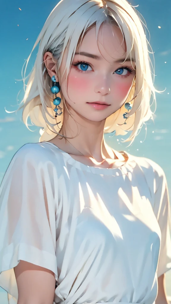 (masterpiece, best quality:1.2), 8k, 85mm, raw photo, absurdres, white and cyan theme, (liquid clothes, liquid dress:1.4), white hair, gradient dress, delicate girl, upper body, close up face, shiny skin, teen, looking at viewer, HDR, sharp focus, particle, twilight sky, detailed eyes and face, white hair, simple background