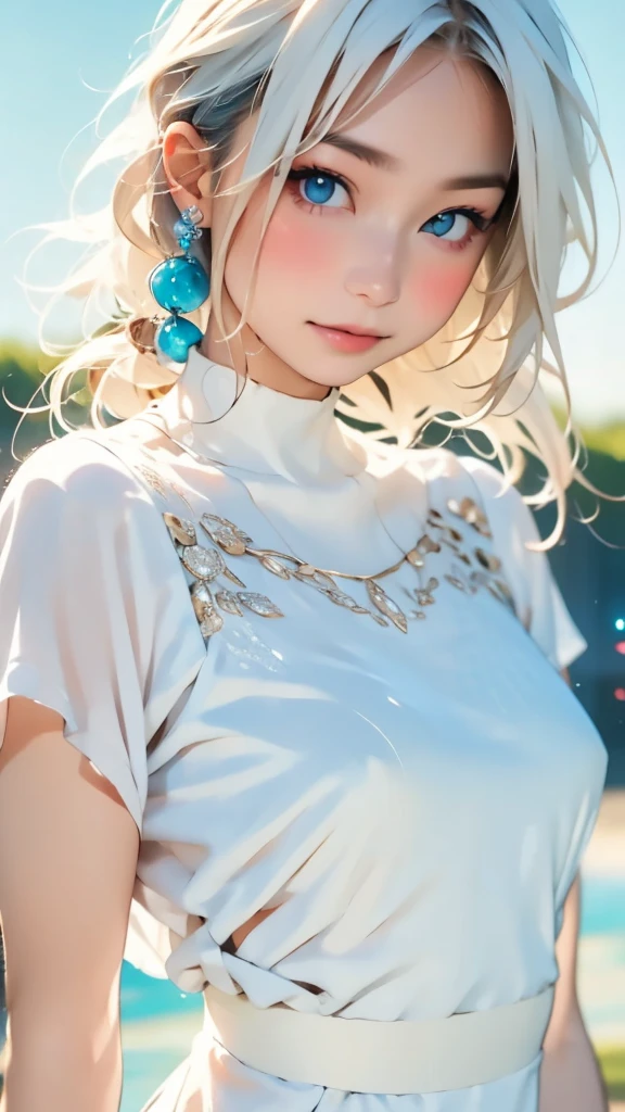 (masterpiece, best quality:1.2), 8k, 85mm, raw photo, absurdres, white and cyan theme, (liquid clothes, liquid dress:1.4), white hair, gradient dress, delicate girl, upper body, close up face, shiny skin, teen, looking at viewer, HDR, sharp focus, particle, twilight sky, detailed eyes and face, white hair, simple background