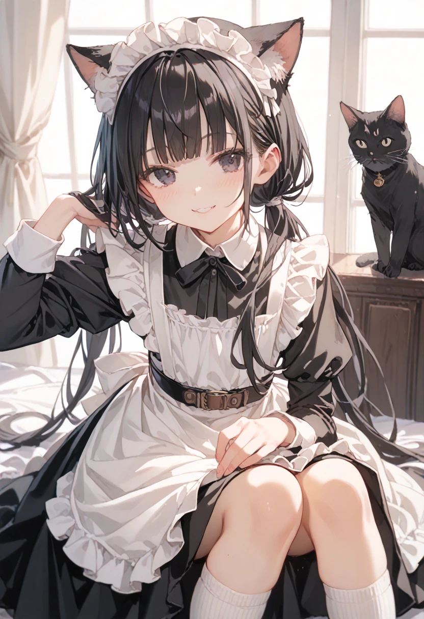 score_9, score_8_up, score_7_up, source_anime, high res image, masterpiece, best quality, 1girl, solo, ****, flat chest, coquettish skin, skinny, ivory black eyes,black hair,low twintails, blunt bangs, smilng, cat ear, black long sleeve maid outfit, steampunk gun belt hanging from shoulder, (White knee-high socks:1.2),hagging a black cat, cowboy shot, close-up face,