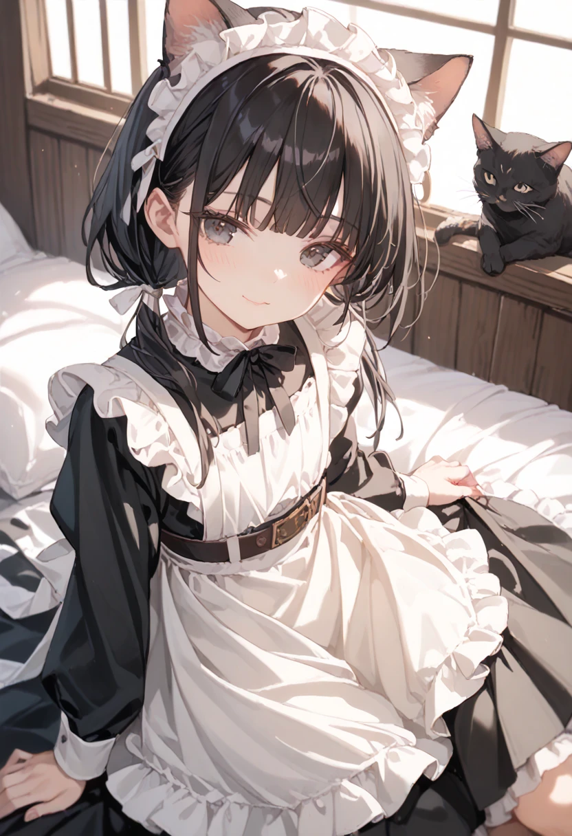 score_9, score_8_up, score_7_up, source_anime, high res image, masterpiece, best quality, 1girl, solo, ****, flat chest, coquettish skin, skinny, ivory black eyes,black hair,low twintails, blunt bangs, smilng, cat ear, black long sleeve maid outfit, steampunk gun belt hanging from shoulder, (White knee-high socks:1.2),hagging a black cat, cowboy shot, close-up face,