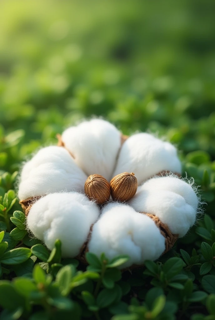 Create a highly photorealistic image featuring a cotton pad (cosmetic disc) on which two flower seeds are placed. The cotton pad should be carefully positioned on a base of green grass or green leaves. Pay attention to textures and details to create a realistic atmosphere where the flower seeds contrast with the whiteness of the cotton pad, while the green background adds freshness and naturalness to the scene