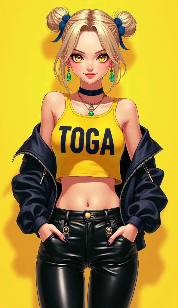 magazine cover, jojo, manga, perfect lighting, dark, 4k, beautiful detail, high quality rendering, bustshot, scene,<lora:jolynejojo-000004:1.1>   cartoon, ((solo)) ((blue eyes, bright eyes)), 19 years old, adult, perfect face, crop top, pants, blue clothing, anime art, 1girl, jolynejojo, halfbody, art, masterpiece, green and blue hair,  braided_low ponytail , yellow lipstick, arakistyle,  <lora:arakistyle:0.7>
