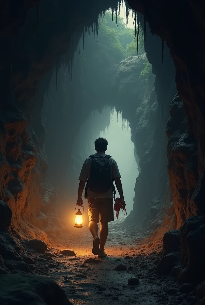 The son followed behind his father，Observe secretly。After the father walked into the cave，Open the package，Bones were thrown into the cave，The cave is filled with horrible skulls。