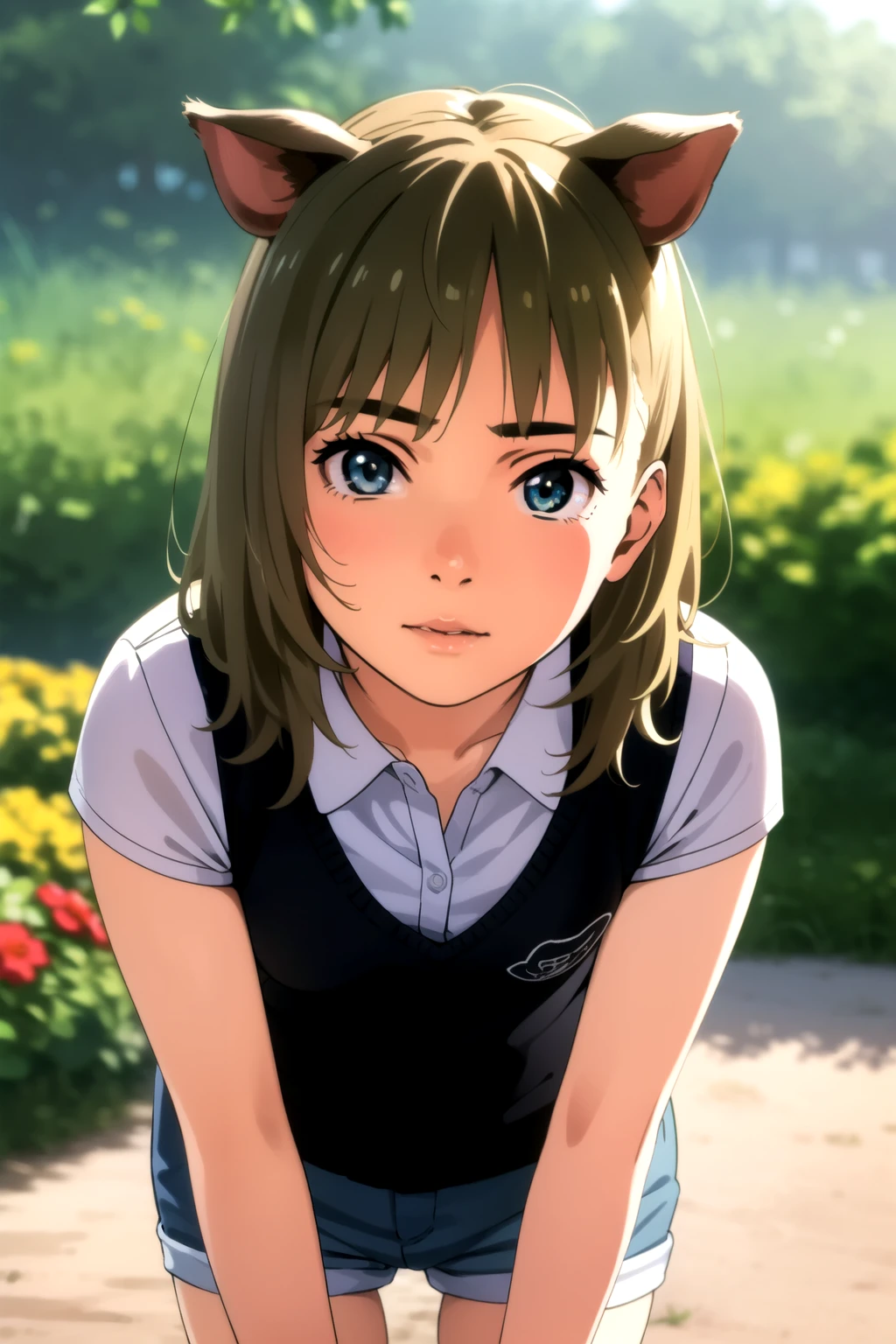 Rika Kawai, beautiful detailed eyes, beautiful detailed lips, extremely detailed eyes and face, long eyelashes, cute girl, pig ears, pig nose, pig tail, on a farm, pigs in the background, cute piglet, farm animals, farmhouse, hay bales, warm lighting, vibrant colors, highly detailed, (best quality,4k,8k,highres,masterpiece:1.2),ultra-detailed,(realistic,photorealistic,photo-realistic:1.37),fantasy,digital art