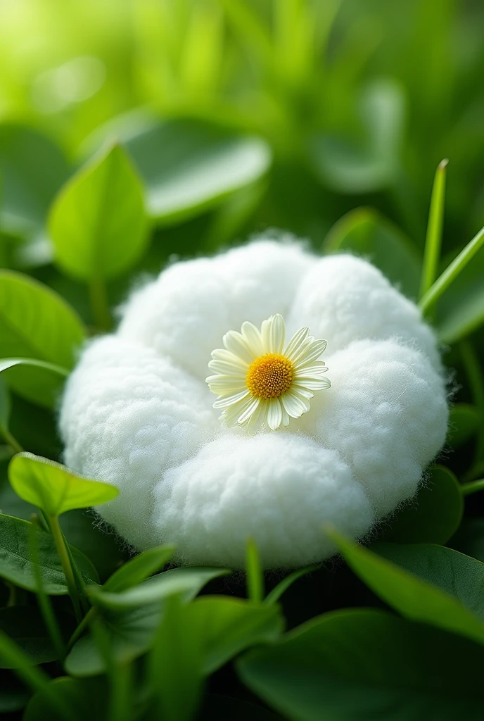 Create a highly photorealistic image of a round, flat cotton pad commonly used in cosmetics and skincare. The cotton pad should have a soft, white texture and be placed on a natural setting with green grass or green leaves beneath it. On top of the cotton pad, there should be two small flower seeds. Focus on the details and textures to make the scene look realistic, with the flower seeds contrasting against the white cotton pad, and the green background providing a fresh, natural feel