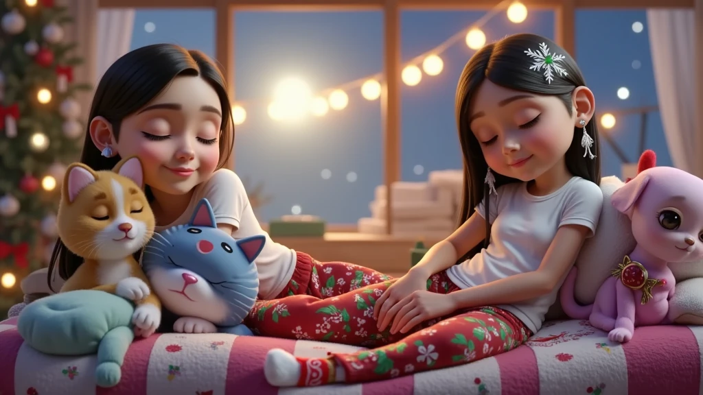 An enchanting 3D scene inspired by Disney Pixar movies, posters, and characters, rendered in high resolution and top quality. Two  siblings are lying on a fluffy white rug, peacefully sleeping with their eyes closed, lovingly hugging each other. The boy is dressed in a white T-shirt, red pajama pants with Christmas-themed patterns, a red sweatshirt, and white Christmas socks. The girl is also wearing a white T-shirt, red pajama pants with Christmas-themed patterns, a red sweatshirt, and white Christmas socks. She has a colorful feather earring.

In the background, a large window showcases a stunning starry night, with one star shining much brighter than the others. On the rug, sleeping beside the ren with their eyes closed, are four adorable baby animals in Christmas outfits: a blue kitten, a yellow kitten wearing a red and white cap with a bell design, a pink kitten, and a Lhasa Apso puppy, white with caramel spots on its eyes and paws. The entire setting is imbued with a magical Christmas atmosphere, featuring cozy and heartwarming details that highlight the festive spirit. Everyone in the scene, both ren and animals, is lying down and peacefully sleeping with serene expressions.