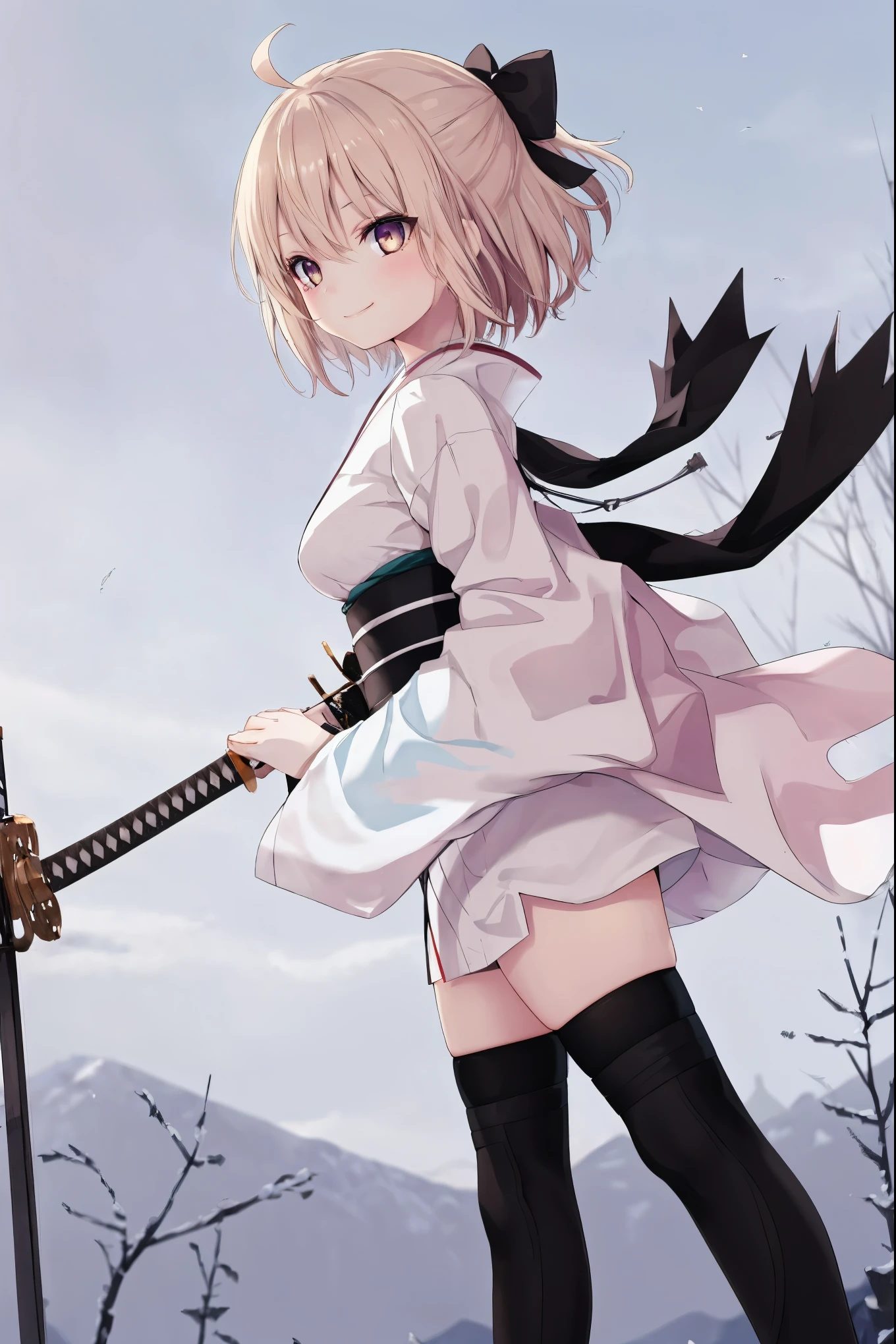 masterpiece, best quality, integrated scenery, integrated background, extremely delicate and beautiful, meticulous details, good composition, , cute face, perfect face, perfect hands, 1girl,okita souji \(FGO\), white_nosleeves_short_kimono,
smile,dynamic_posing,happy,gold_half_eyes, thigh-highs,medium_breasts. 1katana,prepare_katana, katana_sheath_without_katana,old_japanese_town_landscape_background,black_long_muffler,katana_blade_in_front_of_girl,