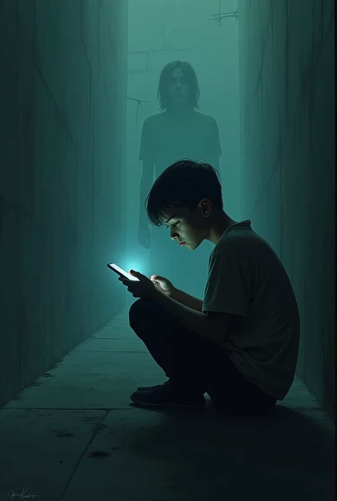 horor, dark atmosphere, Intricate details, Structure of the film, Dramatic Shadows, Mysterious, Creepy, Otherworldly, A calming color palette, chiaroscuro lighting, Ultra-detailed, masterpiece, highest quality, 8k, Realistic, A black figure appears behind a 13-year-old black-haired Japanese boy through the screen of a smartphone online call. A dimly lit room.