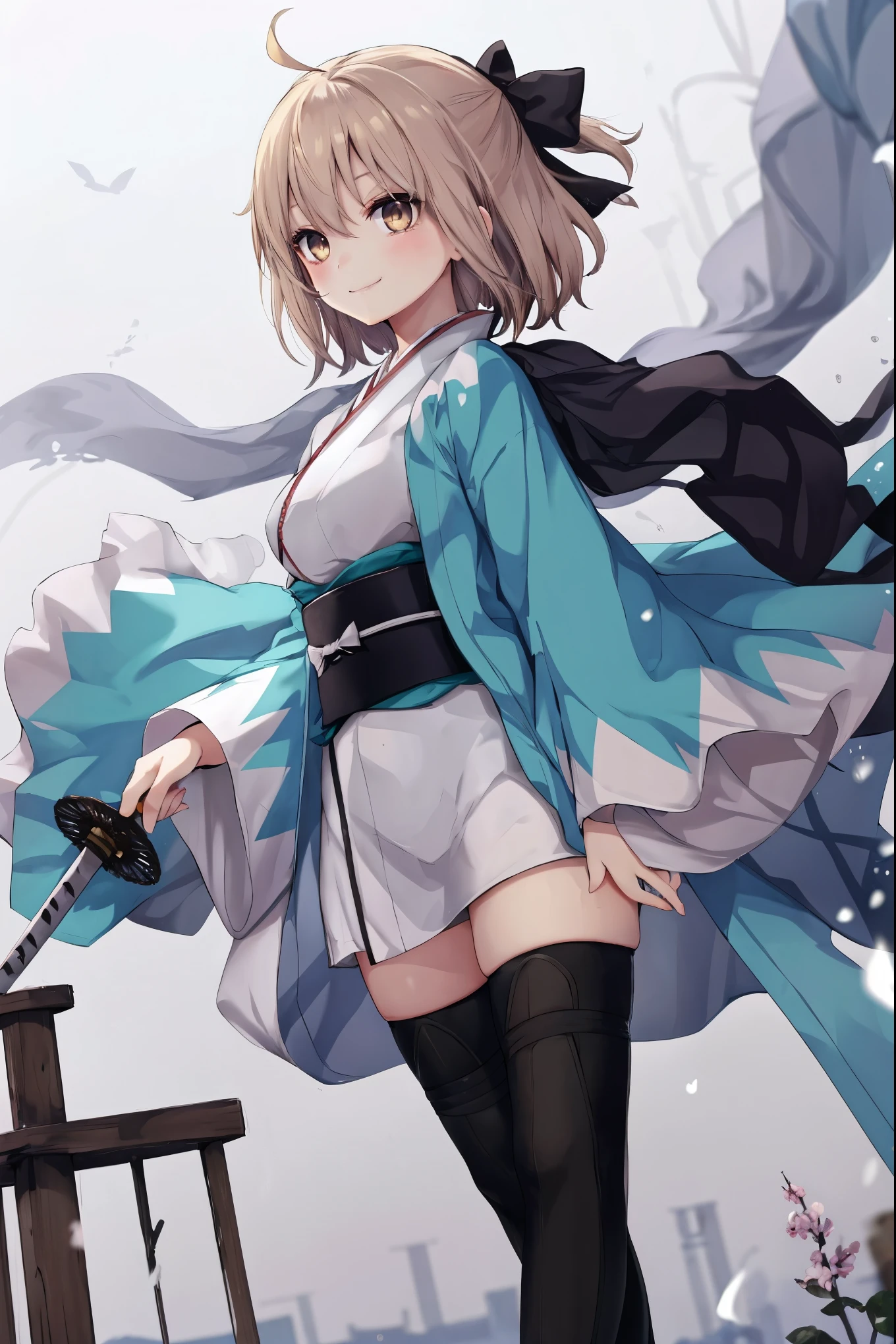 masterpiece, best quality, integrated scenery, integrated background, extremely delicate and beautiful, meticulous details, good composition, , cute face, perfect face, perfect hands, 1girl,okita souji \(FGO\), white_nosleeves_short_kimono,
smile,dynamic_posing,happy,gold_half_eyes, thigh-highs,medium_breasts. 1katana,prepare_katana, katana_sheath_without_katana,old_japanese_town_landscape_background,black_long_muffler,katana_blade_in_front_of_girl,
