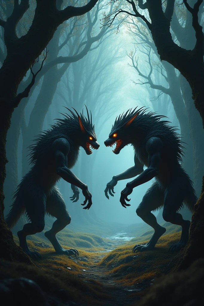 , duo, movie screenshot, transforming werewolves mating, side view, from behind, doggystyle, forest, looking up, penis, feral, sperm cell, ovum