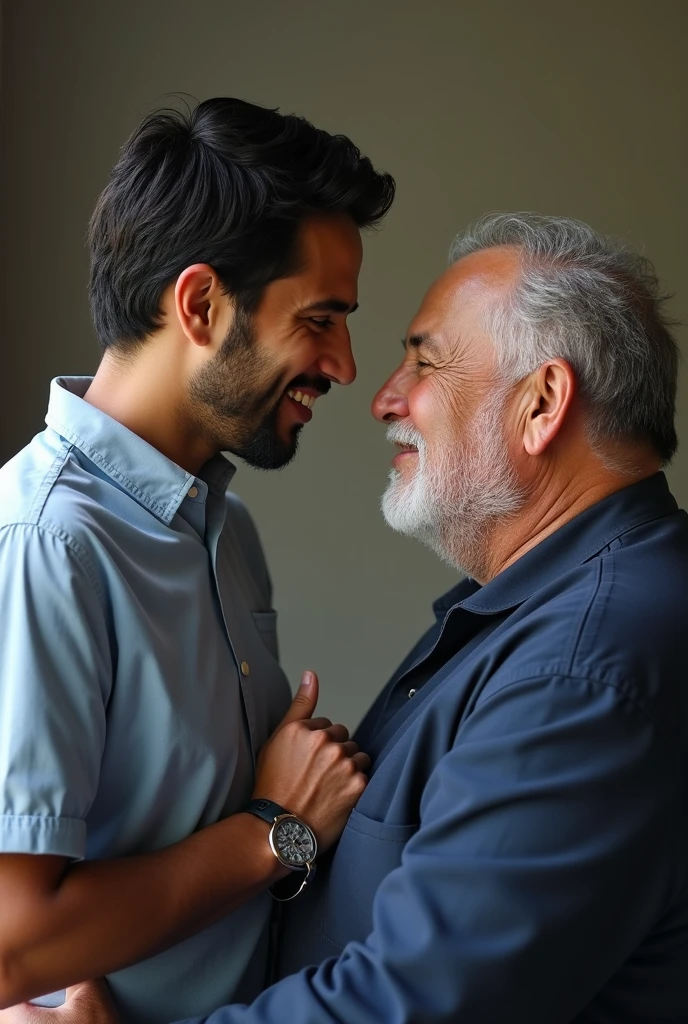 70 years old fat man hugging and kissing a handsome boy
