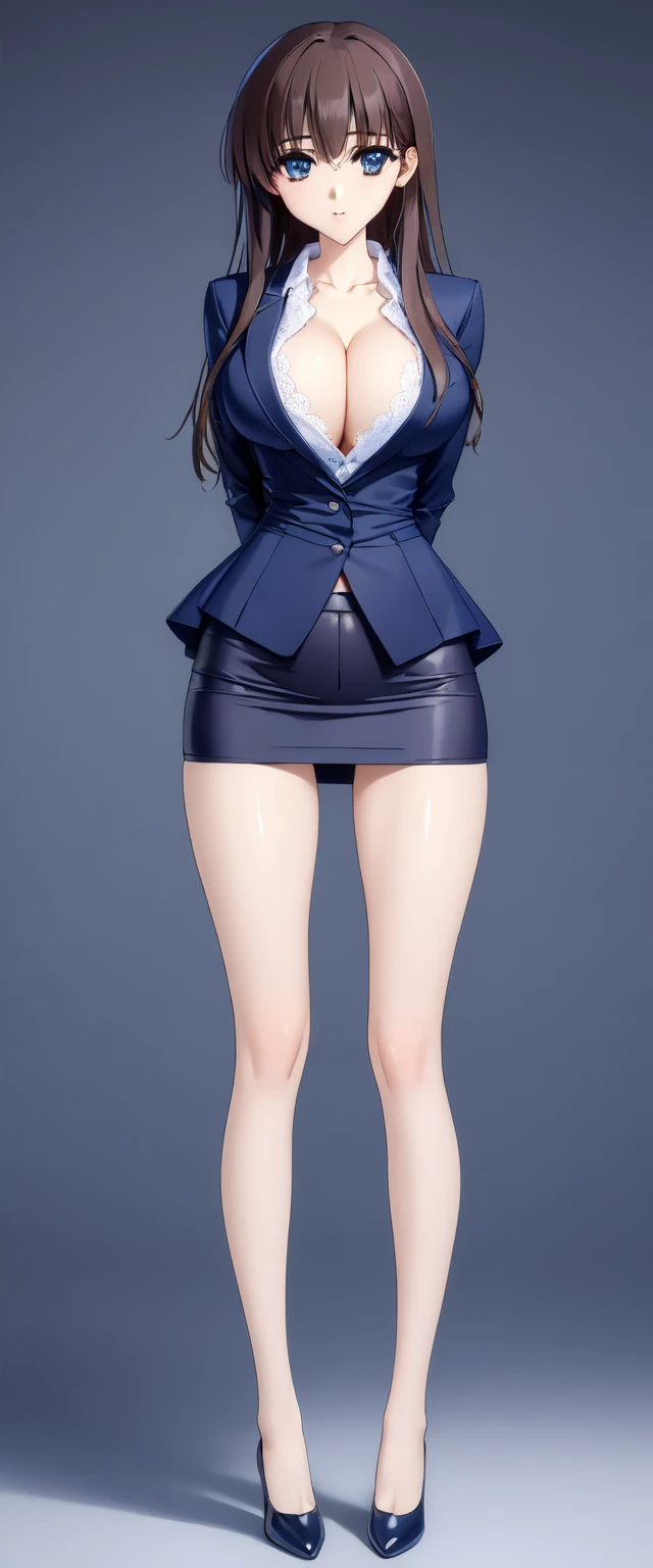 Megumi Kato,  1 girl , Alone, bangs,  brown hair, nsfw、(((Female lawyer, ( formal suit micro mini skirt that shows only a little bit of crotch,  High Waist Micro Mini Pencil Skirt , No shirt,  strict navy blue jacket),Big Breasts、 cleavage、Thin legs)))、 perfect body,  Anime Virtual YouTuber Full Body Model, ((Full body of a single character,  standing in a splendid posture , short!,  full body shot超詳細))、 skinny, Alone, 1 female,   Masterpiece ,   best quality ,   best quality , 16k,  Incredibly Ridiculous,  high definition, 2.5D, AI-generated, Delicate and dynamic,  Very delicate facial expression,  delicate eye depiction,  Erotic , only  sexy woman, ((A cute and kind face)),((((Beautifully detailed eyes、 beautiful detailed eyes))))、 Healthy body shape, ((25-year-old woman)), Height: 170cm,  Moderately Firm Swaying Bust , sexy, (( Thin Thighs )),,  shiny, 視聴者にfrontを向いている, smile, ((Oily_skin)), (((( full body shot、 middle hair )))),  Erotic  pose,  fashion model posing with faded gray hair,   fashion model style DJ, (((micro mini length pencilskirt、front、You can fully see your thighs 、Very thin thighs、Long beautiful legs、痩せていてBig Breasts、 Navy Blue Flawless Micro Mini Pencil Skirt)))、whole body、entire body、full body、total body、((((CowboysHot、downwards、from front、 simple background))))、((Skirt lift pose))、((white lace panties、 I'm not wearing a shirt ))