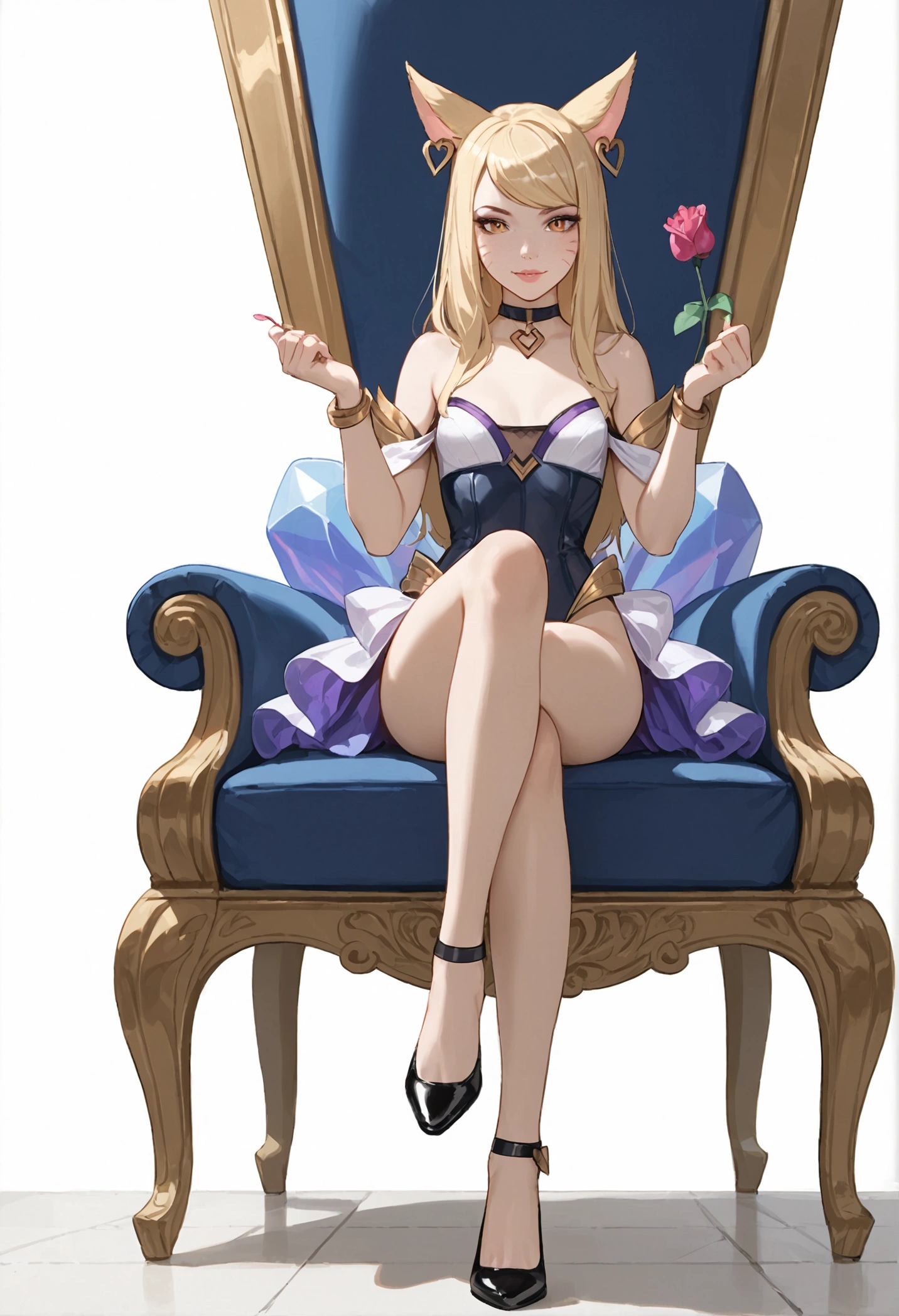 ((full body photo, standing, feet on the ground)) KDA Ahri LoL PD, masterpiece, best quality, (sitting on throne, legs crossed, showing feet, profile photo), highly detailed, score_9, score_8_up, score_7_up, score_6_up, anime font ,BREAK, 2girl, solo, long hair, blue eyes, flower, small breasts, bow, looking at viewer, freckles, parted lips, smile, full body, lips red, lips, leather ballet shoes, side photo, she looks at you, fishnets, white background, neutral cast
