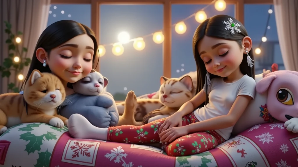 An enchanting 3D scene inspired by Disney Pixar movies, posters, and characters, rendered in high resolution and top quality. Two  siblings are lying on a fluffy white rug, peacefully sleeping with their eyes closed, lovingly hugging each other. The boy is dressed in a white T-shirt, red pajama pants with Christmas-themed patterns, a red sweatshirt, and white Christmas socks. The girl is also wearing a white T-shirt, red pajama pants with Christmas-themed patterns, a red sweatshirt, and white Christmas socks. She has a colorful feather earring.

In the background, a large window showcases a stunning starry night, with one star shining much brighter than the others. On the rug, sleeping beside the ren with their eyes closed, are four adorable baby animals in Christmas outfits: a blue kitten, a yellow kitten wearing a red and white cap with a bell design, a pink kitten, and a Lhasa Apso puppy, white with caramel spots on its eyes and paws. The entire setting is imbued with a magical Christmas atmosphere, featuring cozy and heartwarming details that highlight the festive spirit. Everyone in the scene, both ren and animals, is lying down and peacefully sleeping with serene expressions.