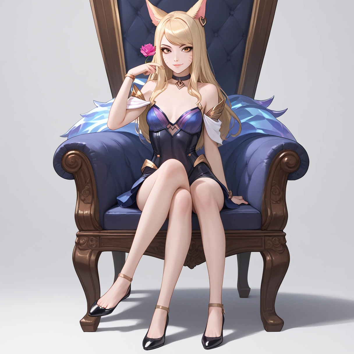 ((full body photo, standing, feet on the ground)) KDA Ahri LoL PD, masterpiece, best quality, (sitting on throne, legs crossed, showing feet, profile photo), highly detailed, score_9, score_8_up, score_7_up, score_6_up, anime font ,BREAK, 2girl, solo, long hair, blue eyes, flower, small breasts, bow, looking at viewer, freckles, parted lips, smile, full body, lips red, lips, leather ballet shoes, side photo, she looks at you, fishnets, white background, neutral cast
